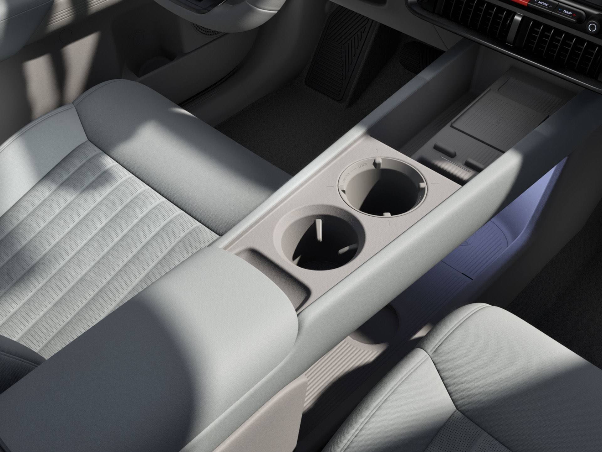 Close up of the center console and arm rest inside the&nbsp;Hyundai IONIQ 3.