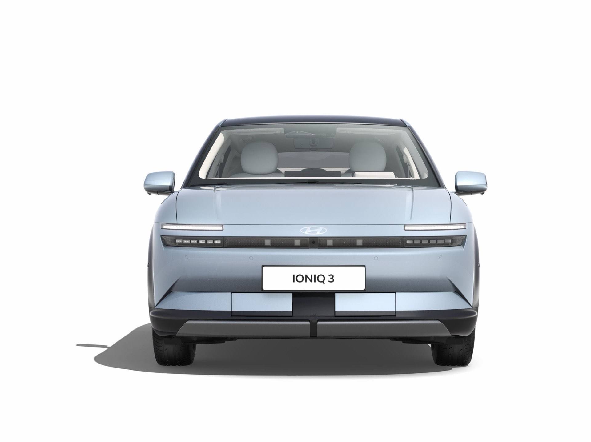 Hyundai IONIQ 3 in Ice Blue Pearl exterior colour pictured from front.