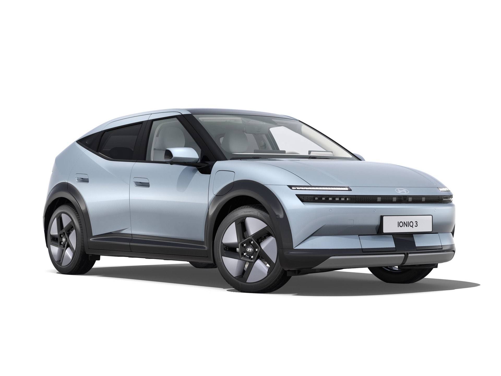Hyundai IONIQ 3 in Ice Blue Pearl exterior colour pictured from side 3/4 front view.