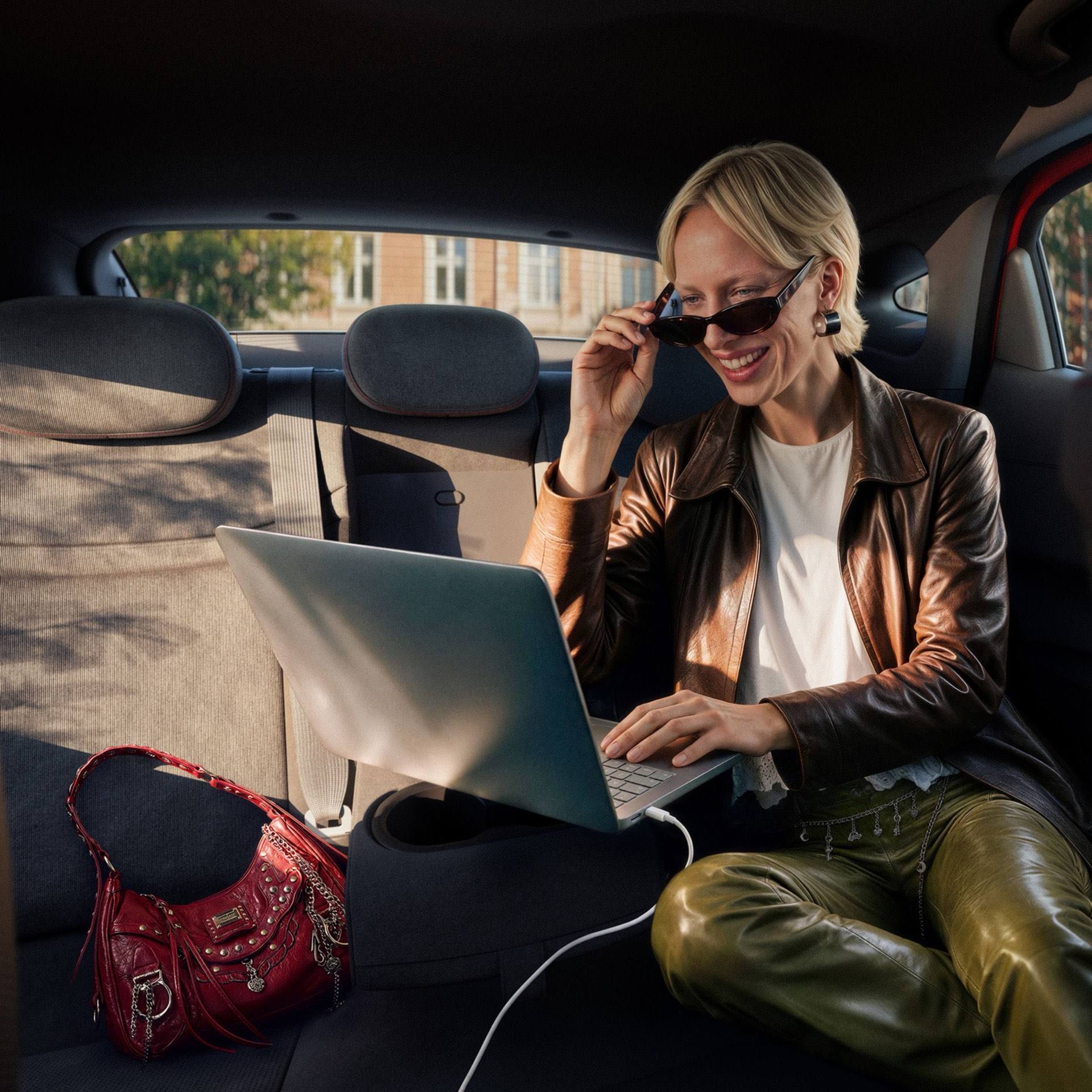 A woman typing on a plugged in laptop on the folded down middle rear seat inside the IONIQ 3.