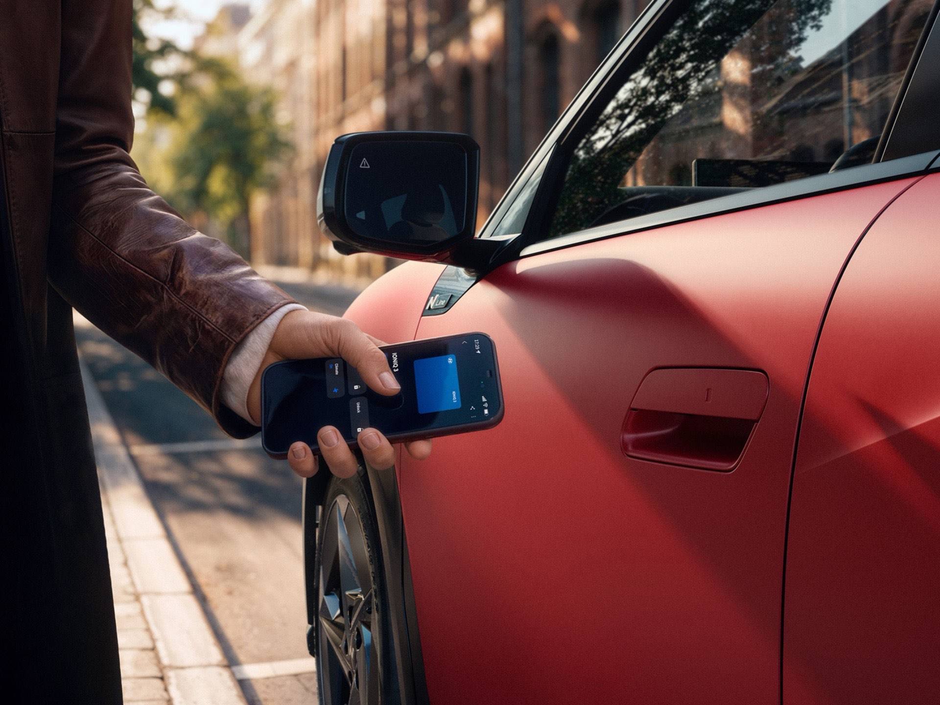 A hand holding a smartphone next to the door handle of the Hyundai IONIQ 3.