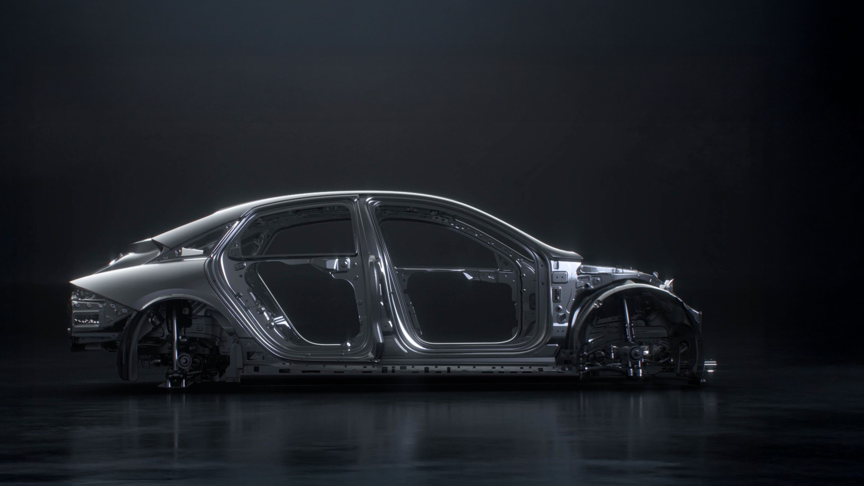 Hyundai IONIQ 6 N áramvonalas kialakítása oldalnézetből, sötét háttér előtt.
